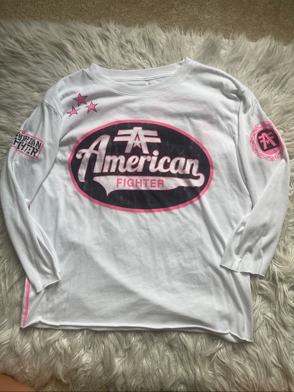American Fighter White Long Sleeve Tee with Pink & Black Logo